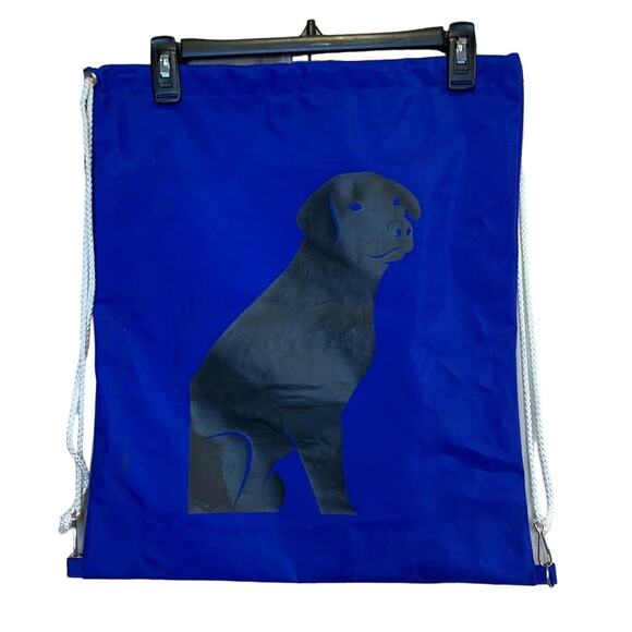 Hand Printed Upcycled Heavy Duty Vinyl Drawstring Bag Backpack w Black Lab Dog - Picture 1 of 4